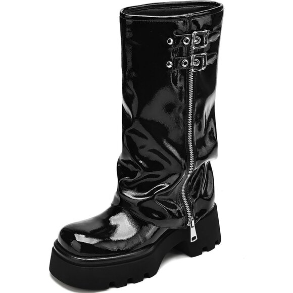⚡Women's Black Leather Knee High Riding Boot Chunky Platform Low Heel Round Toe - Picture 1 of 5